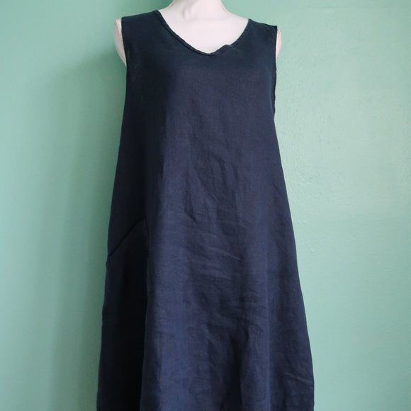 Flax Dark Blue V Neck Lightweight Linen Tank Dress with Pocket - Picture 4 of 14